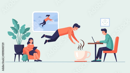 People working, relaxing, and a man in mid-air by a coffee cup