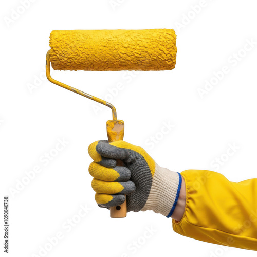 Hand holding paint roller with yellow paint isolated on transparent background