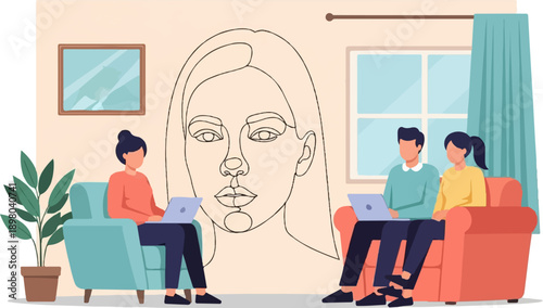 People working on laptops near a large abstract face drawing