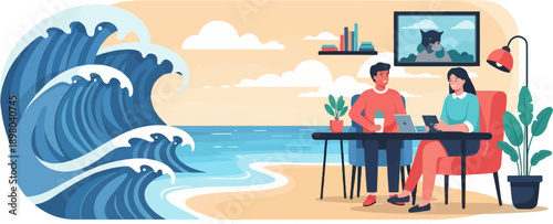 People working remotely at a beach with ocean waves
