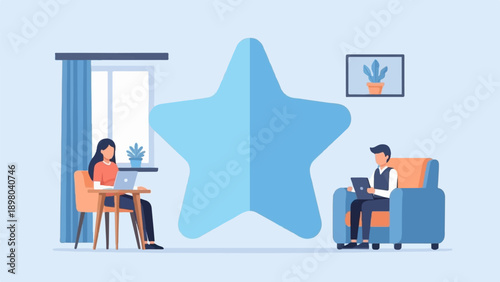 People working on laptops near a large blue star, one seated at table