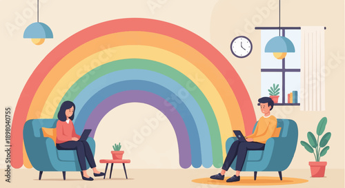 People working remotely at home with a large rainbow in the background