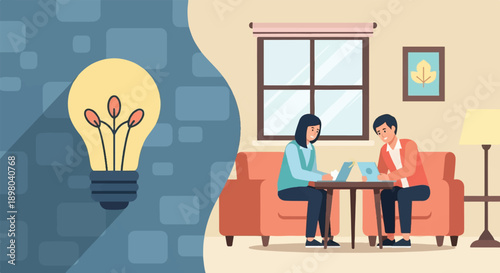 People working on laptops near a glowing lightbulb symbolizing ideas