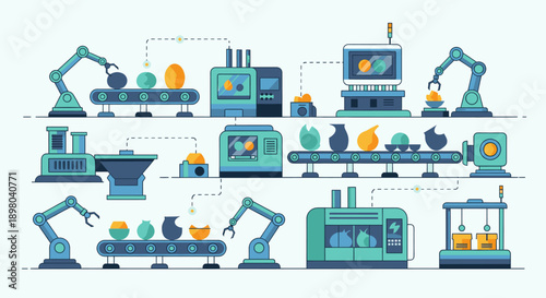 Automated Factory Production Line with Robotic Arms and Conveyor Belts