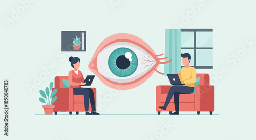 People working remotely, connected by a giant watchful eye