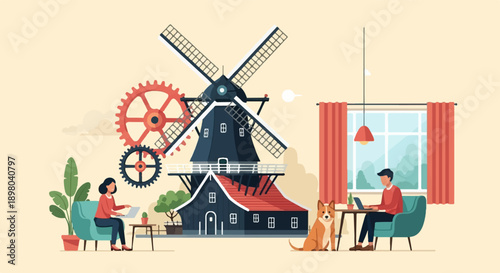 People working remotely by a windmill, with a dog nearby