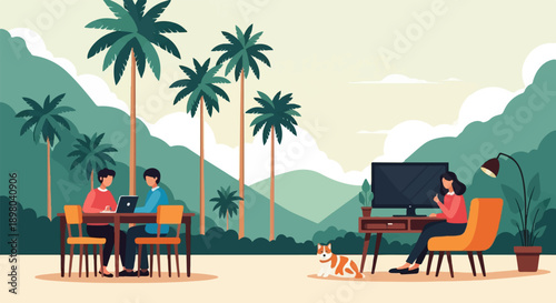 People working remotely in a scenic tropical landscape