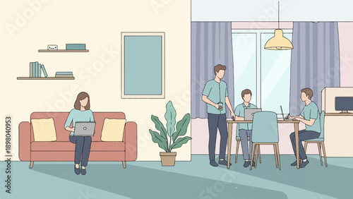 People working remotely in different areas of a home