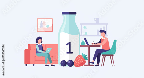 People working remotely near a giant milk bottle with fruit