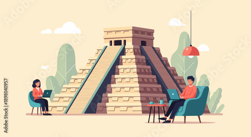 People working remotely near a historical pyramid