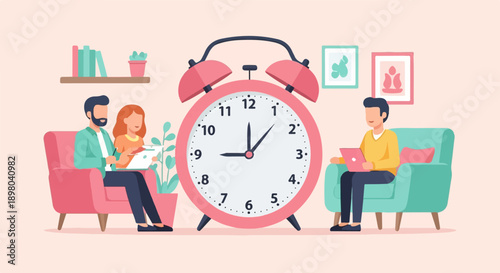 People working remotely near a large alarm clock