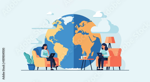 People working remotely on laptops in front of a globe