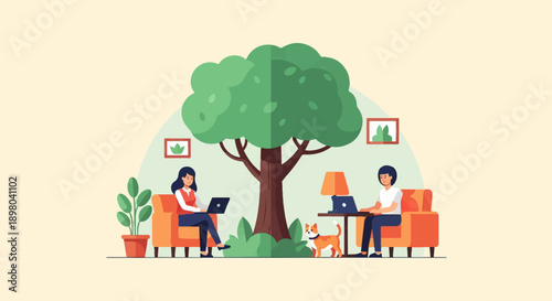 People working remotely on laptops under a large tree