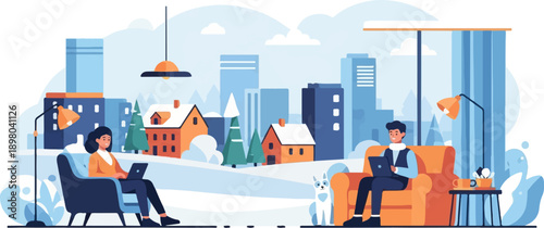 People working on laptops inside warm homes on a snowy winter day