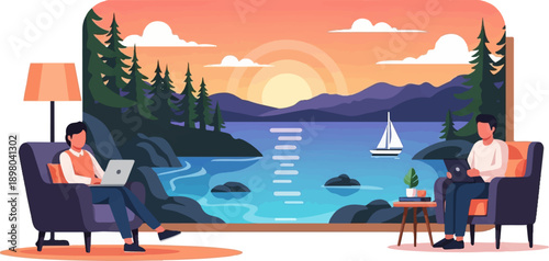 People working on laptops in comfortable chairs overlooking a serene lake at sunset