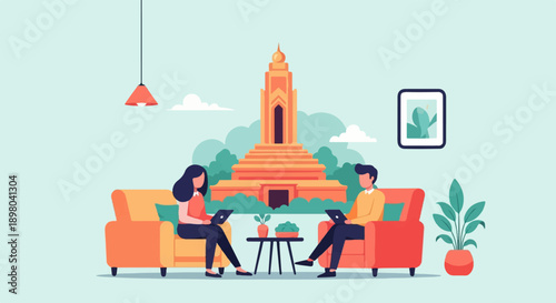 People working on laptops in comfortable chairs with a temple backdrop