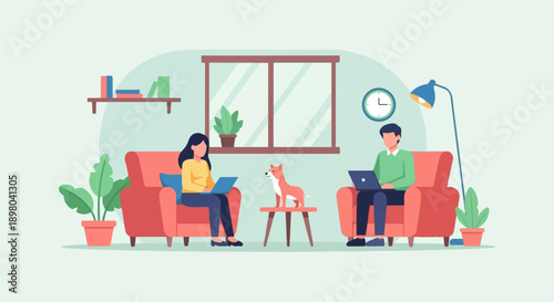 People working on laptops in comfortable chairs at home with a dog