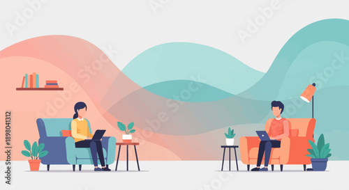 People working on laptops in comfortable armchairs with plants and wavy backgrounds