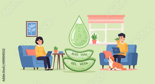 People working on laptops in a room with aloe vera plants and a dog