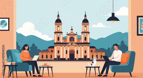 People working on laptops in a room with a view of a cathedral