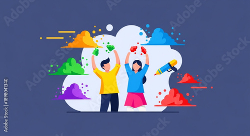Two people celebrating holi festival with colorful powder and water