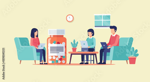 People working on laptops in a room with a large pill bottle