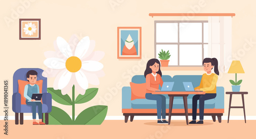 People working on laptops in a room with a large daisy and a window