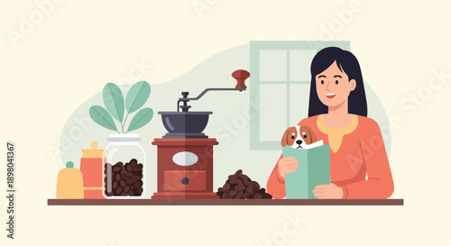 Person with dog reads book near coffee grinder and beans
