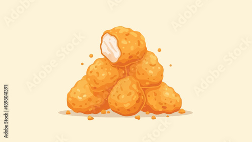 Pile of golden brown, crispy chicken nuggets with a creamy white center