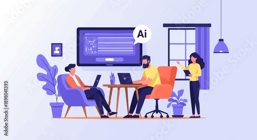 People working on laptops in a modern office with a large screen displaying data