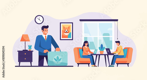 People working on laptops in a modern office with a dog portrait