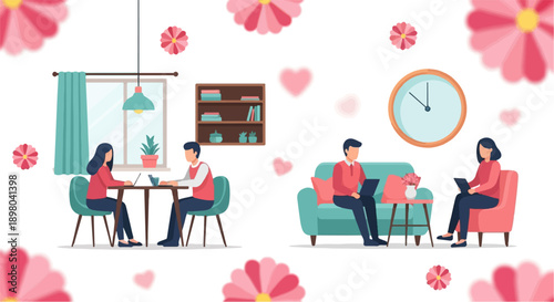 People working on laptops in a pink-themed room with flowers and hearts