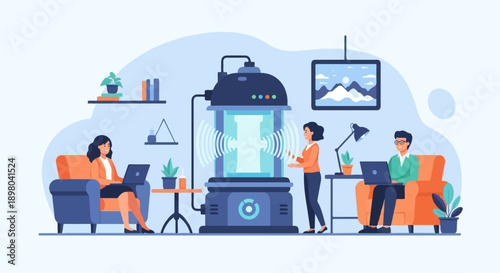 People working around a futuristic glowing machine in a modern office