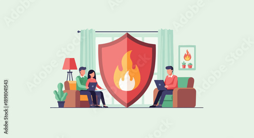 People working at home shielded by a protective flame emblem