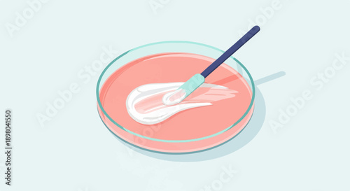 Petri dish with pink agar and white substance being spread by a tool