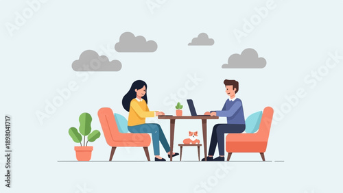 People working on laptops and a pet in a minimalist setting