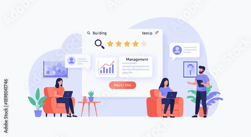 People working on laptops and discussing ideas in a modern setting