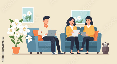 People working on laptops and tablet on couches with plant and art