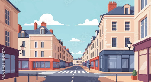 Pixelated European street with shops and pedestrian crossing