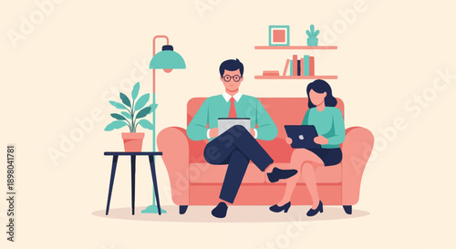 People working on laptops and tablets while relaxing on a couch