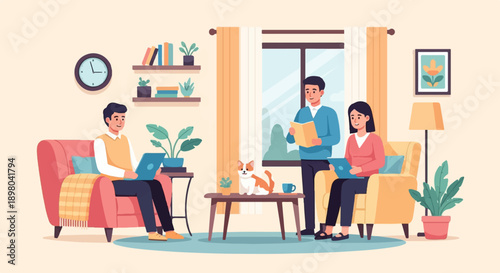 People working on laptops and reading in a cozy living room