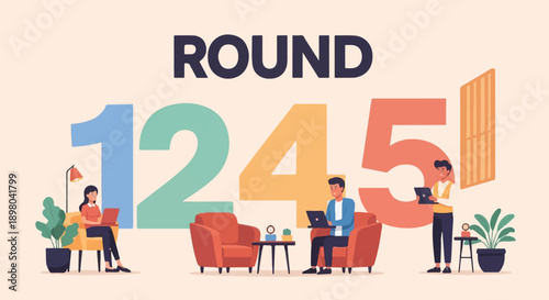 People working on laptops around large numbers and furniture