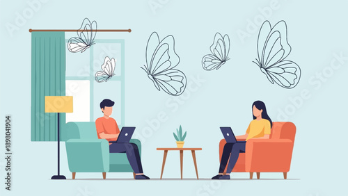 People working on laptops at home with butterflies flying around