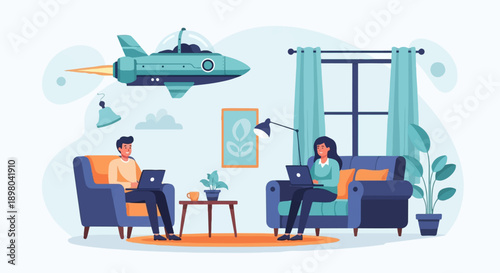 People working on laptops at home with a whimsical flying rocket in the background