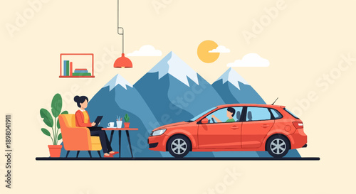 Person works remotely with mountains and car outside
