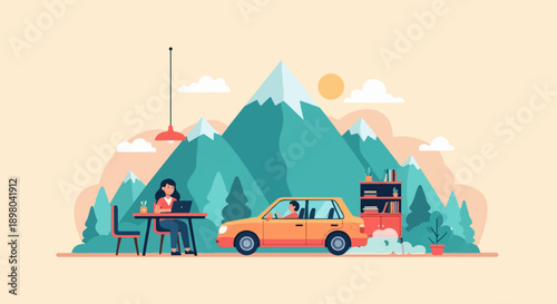 Person works on laptop outside while car drives by mountains