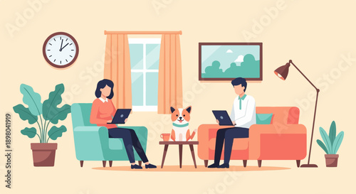 People working on laptops at home with dog and plants