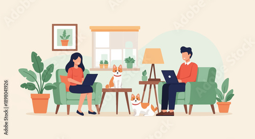 People working on laptops at home with dogs and plants