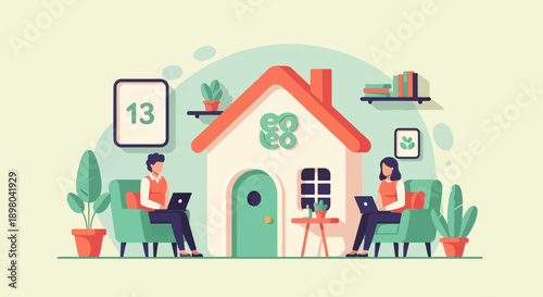 People working on laptops at home with plants and books