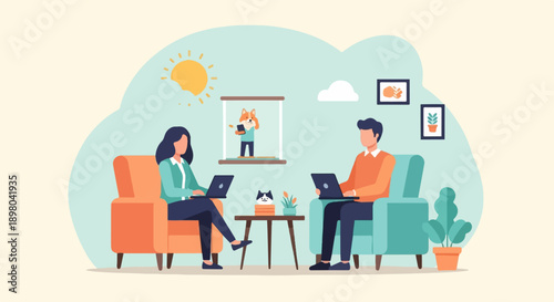 People working on laptops at home with pets and plants